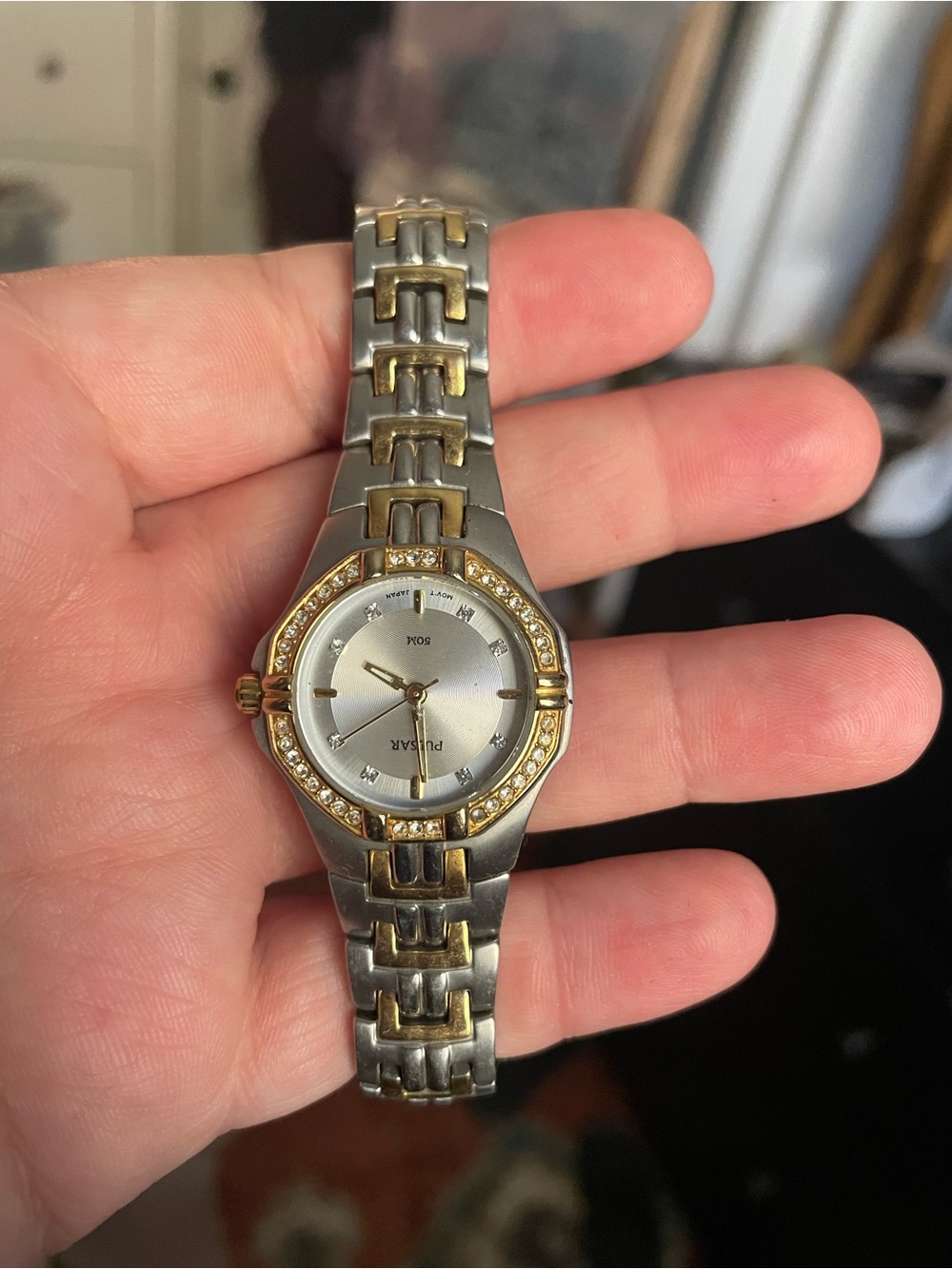 Pulsar Two-Tone Gold and Silver Ladies Bracelet Watch with Crystal Bezel